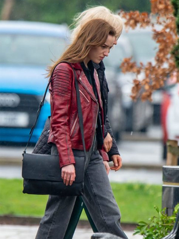 Bank Of Dave Alexandra Leather Jacket Phoebe Dynevor Bank Of Dave Red Jacket