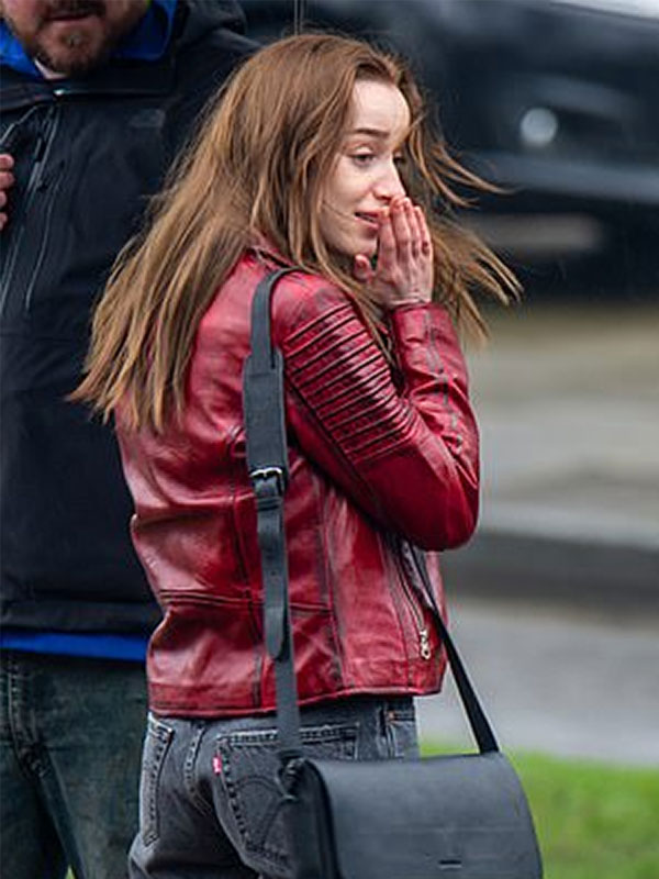 Phoebe Dynevor Bank Of Dave Red Jacket Phoebe Dynevor Red Leather Jacket