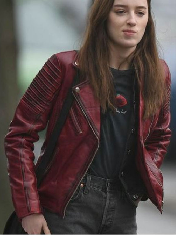 Phoebe Dynevor Red Leather Jacket Alexandra Bank Of Dave Leather Jacket