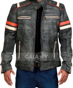Men’s Cafe Racer Retro Distressed Grey Real Leather Jacket