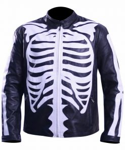 Halloween Cosplay Skeleton Bones Black Leather Jacket
