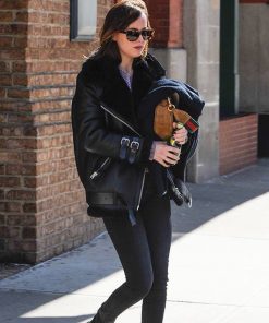 Actress Dakota Johnson Black Shearling Leather Jacket