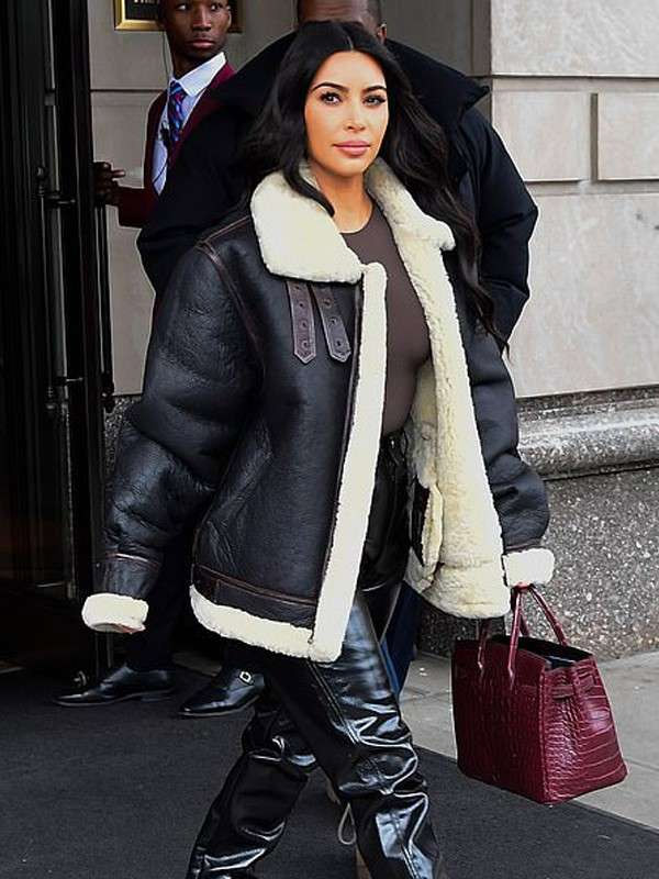 Kim Kardashian Black Leather Jacket Kim Kardashian Shearling Leather Bomber Jacket