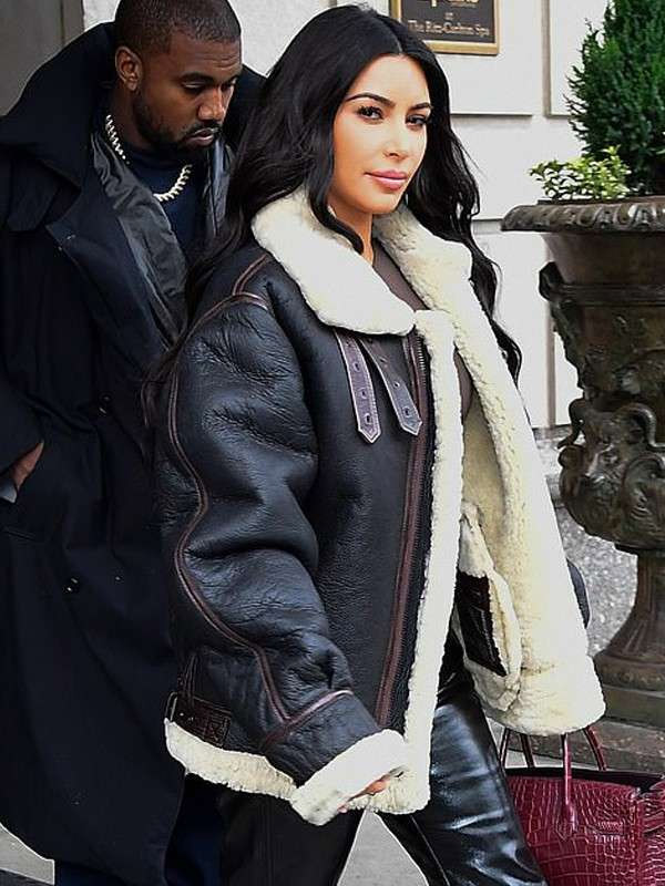 Kim Kardashian Black Shearling Leather Bomber Jacket Kim Kardashian Black Leather Jacket