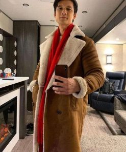 Harry Shum Jr. Love Hard Brown Leather Shearling Coat