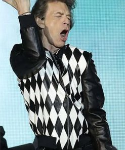 Rolling Stones Star Mick Jagger Black and White Leather Varsity Jacket