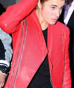 Singer Justin Bieber Red Leather Jacket