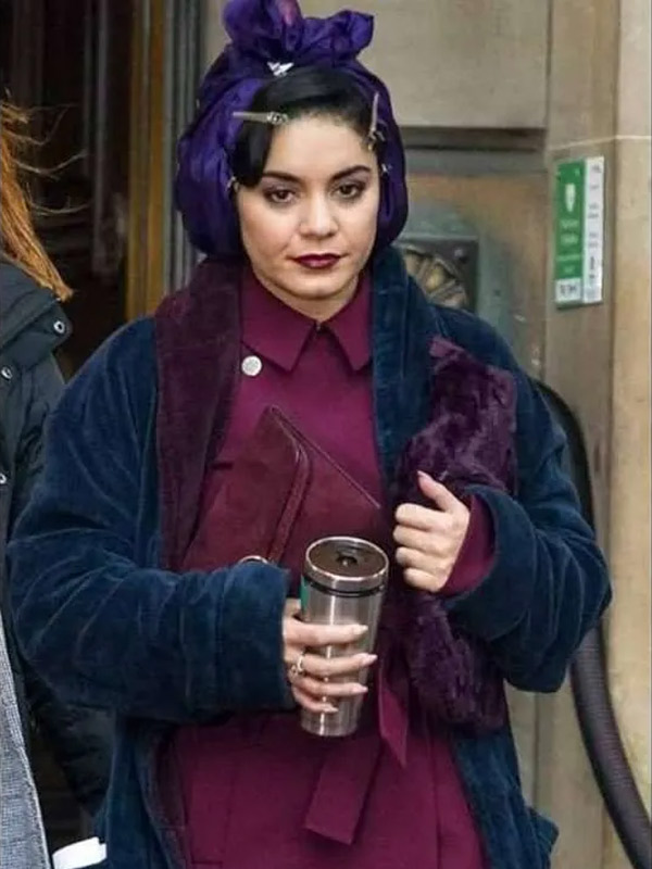 Vanessa Hudgens The Princess Switch Switched Again Blue Velvet Coat The Princess Switch Vanessa Hudgens Velvet Coat