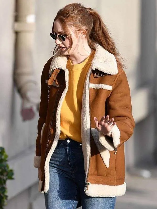Actress Karen Gillan Suede Leather Shearling Jacket Karen Gillan Suede Leather Brown Shearling Jacket