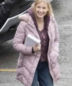 Jessica Chastain The Good Nurse Amy Loughren Pink Puffer Hooded Jacket