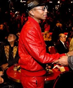 Pharell Williams Grammys Awards 2023 Red Bomber Leather Tracksuit