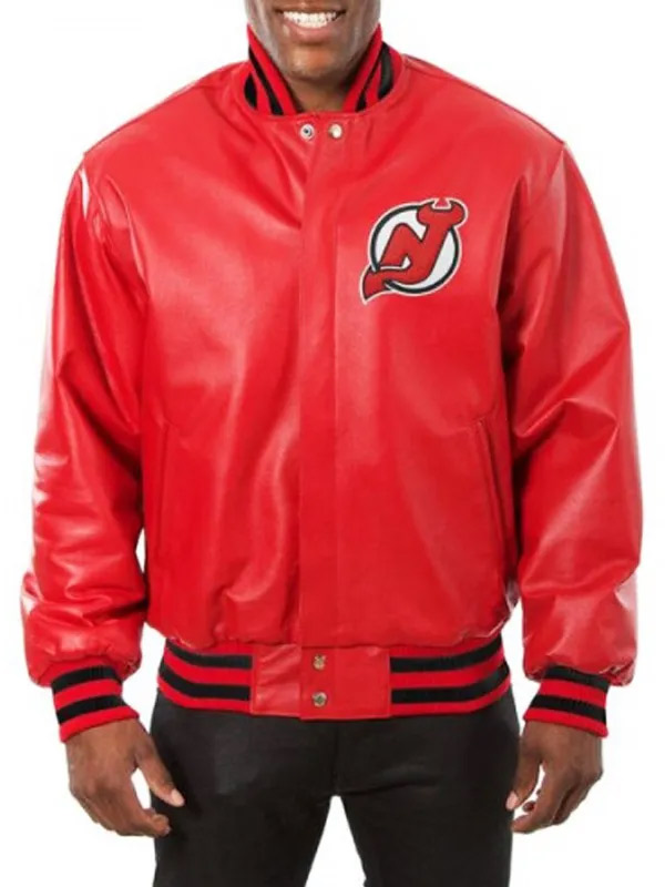 Devils New Jersey Red Leather Varsity Jacket Ice Hockey Team New Jersey Devils Bomber Red Varsity Leather Jacket