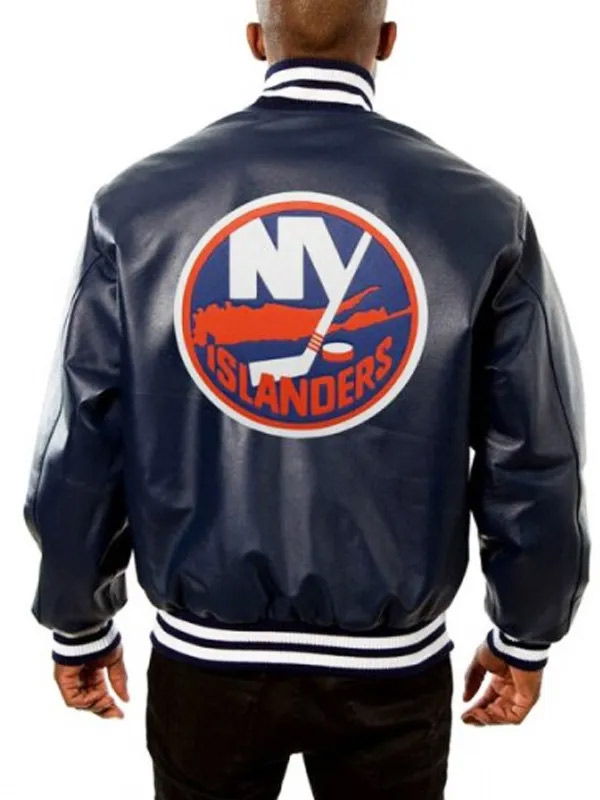 Ice Hockey Team New York Islanders Bomber Blue Varsity Leather Jacket New York Islanders Blue Leather Varsity Jacket