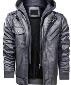 Men’s Gray Removable Hooded Leather Bomber Jacket