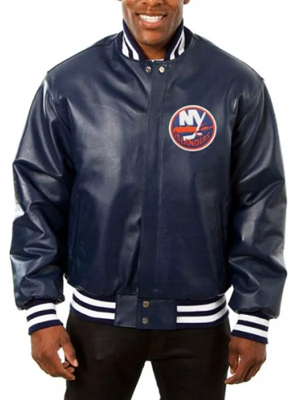 New York Islanders Blue Leather Varsity Jacket Ice Hockey Team New York Islanders Bomber Blue Varsity Leather Jacket