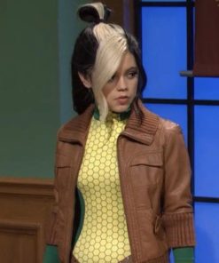 SNL Jenna Ortega Brown Cropped Leather Jacket