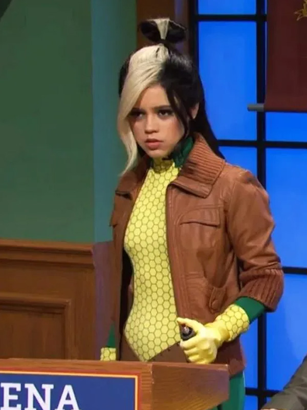 SNL Jenna Ortega Brown Cropped Leather Jacket SNL 2023 Jenna Ortega Cropped Brown Leather Jacket