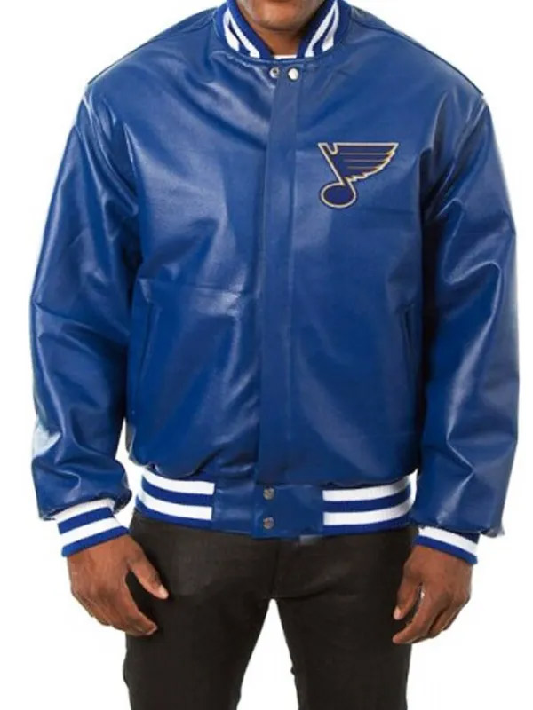 St. Louis Blues Men Blue Bomber Leather Jacket Men’s St. Louis Blue Varsity Leather Jacket